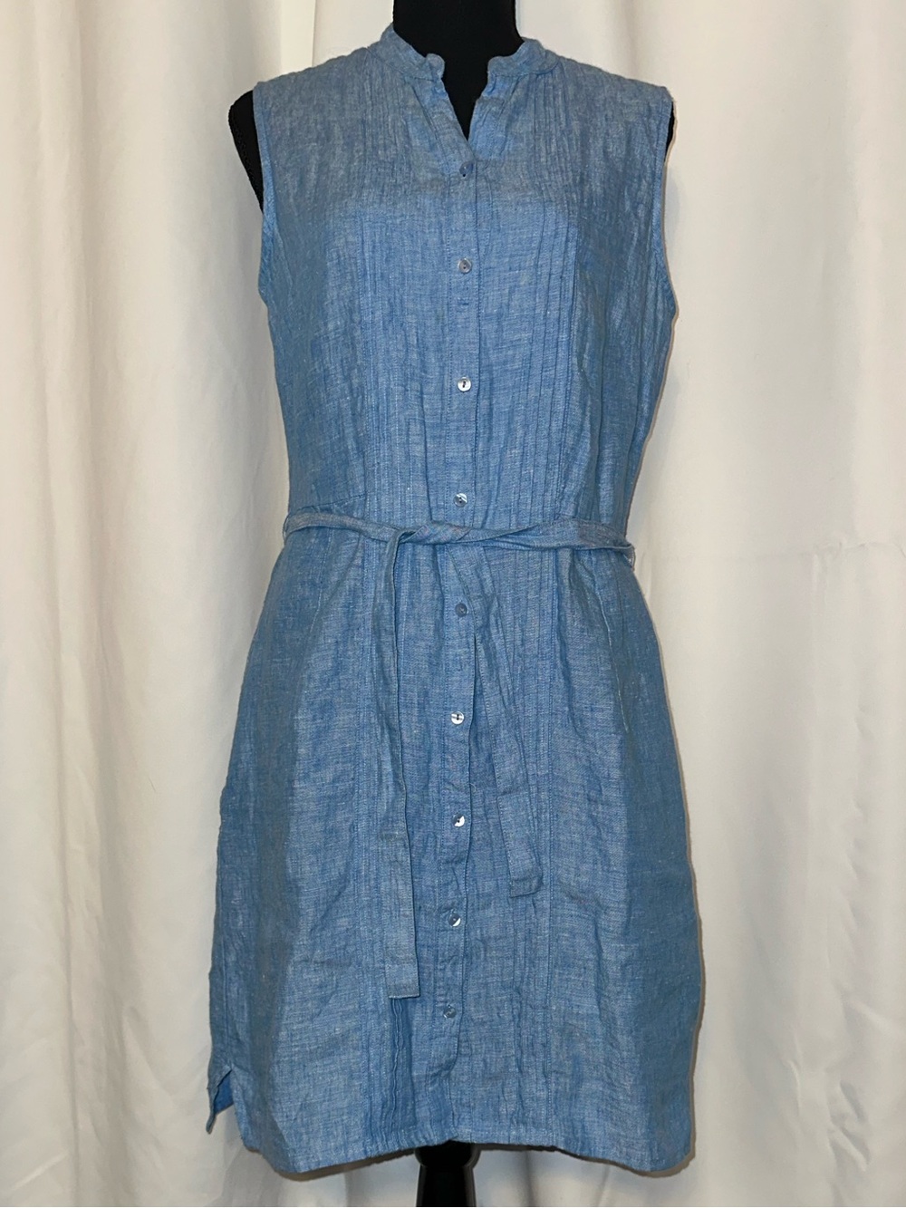 L.L. Bean Sleeveless Light Blue Button-Front Linen Dress with Tie Waist Size 8